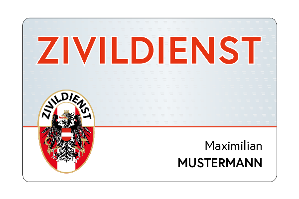 Vorderseite der Zivildienstkarte zur Illustration. Aufgedruckt ist die Überschrift ZIVILDIENST in roten Großbuchstaben vor grauem Hintergrund, das Zivildienst-Logo und der Name "Maximilian Mustermann".