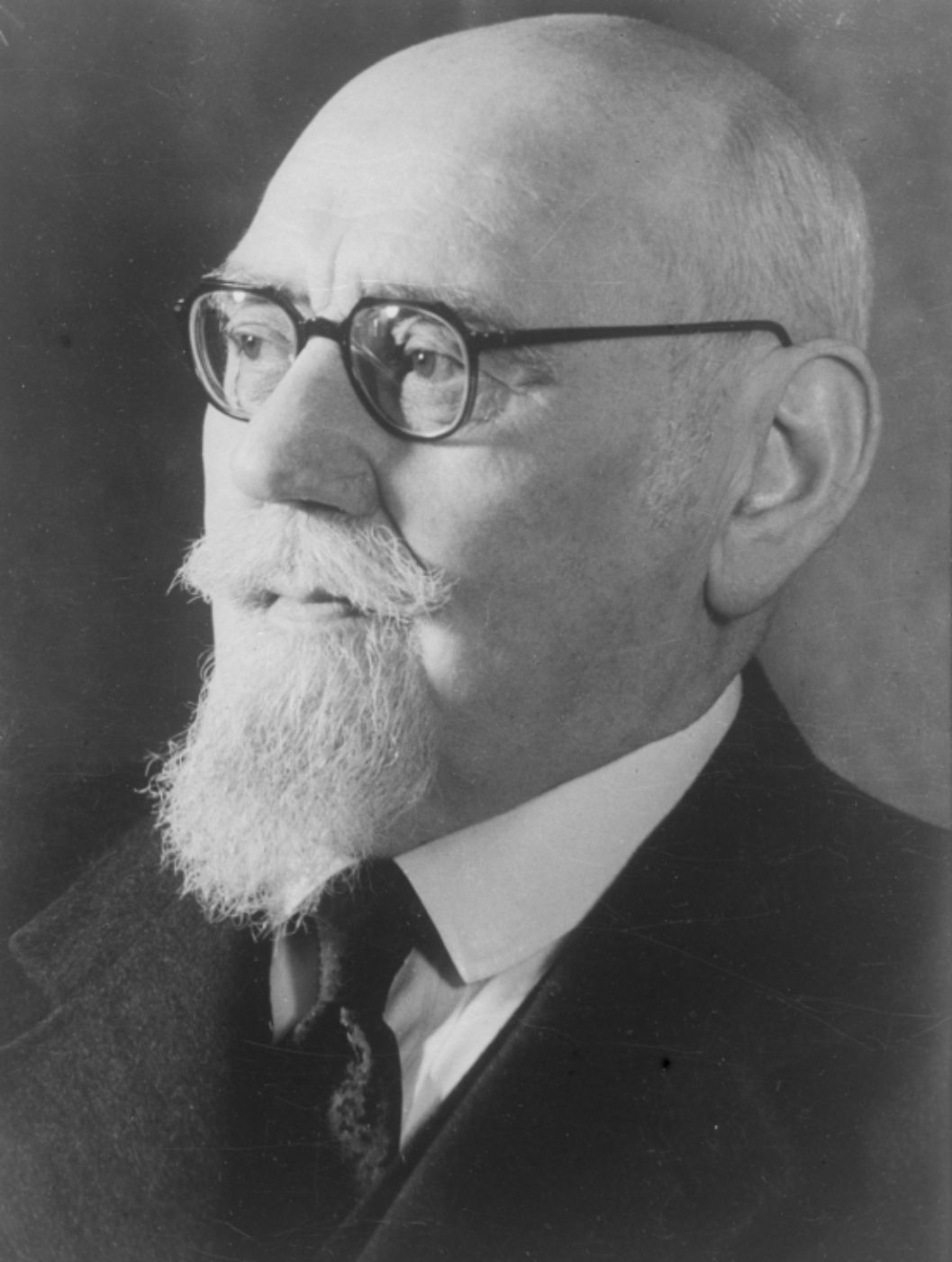 Schwarz-weiß-Portrait von Dr. Karl Renner. Er trägt eine Brille und einen Bart.