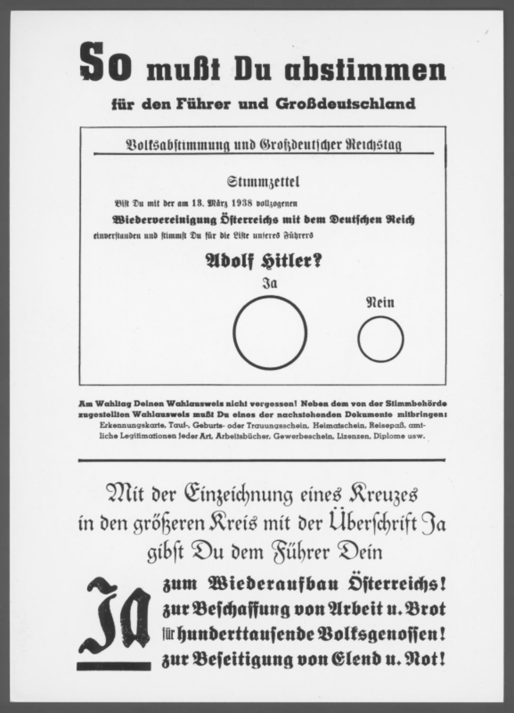 Abbildung eines Stimmzettels für die Volksabstimmung am 10. April 1938 zur Illustration. Die Überschrift auf dem Stimmzettel lautet: "So mußt Du abstimmen". Der Kreis für "Ja" ist größer als der Kreis für "Nein".
