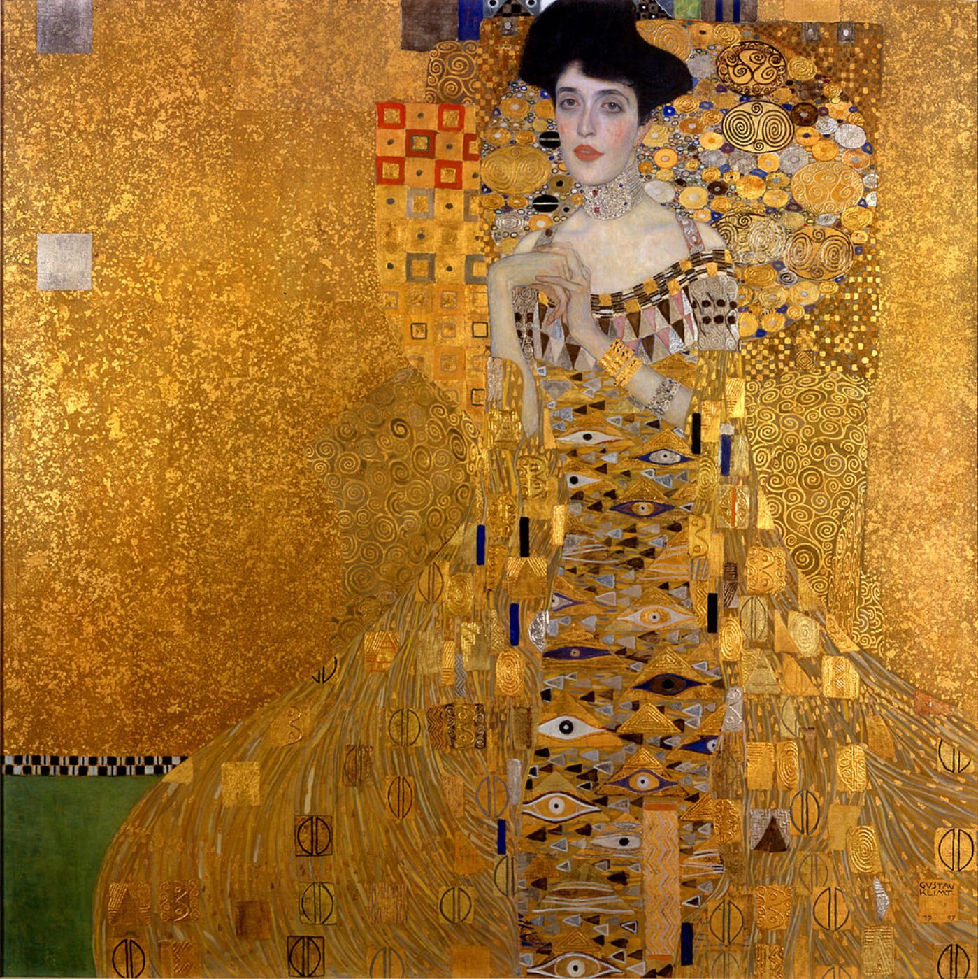 Abbildung eines Gemäldes zur Illustration. Das Portrait zeigt Adele Bloch Bauer, gemalt von Gustav Klimt. Für die Kleidung und den Hintergrund auf dem Gemälde wurden überwiegend Goldtöne verwendet.