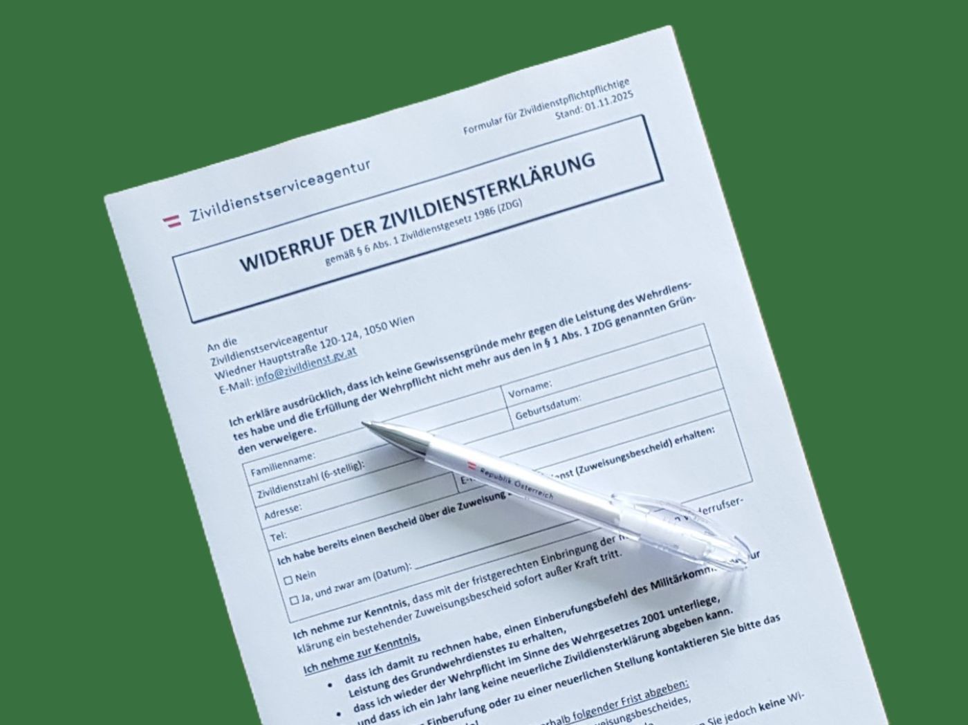 Bild Formular Widerruf der Zivildiensterklärung